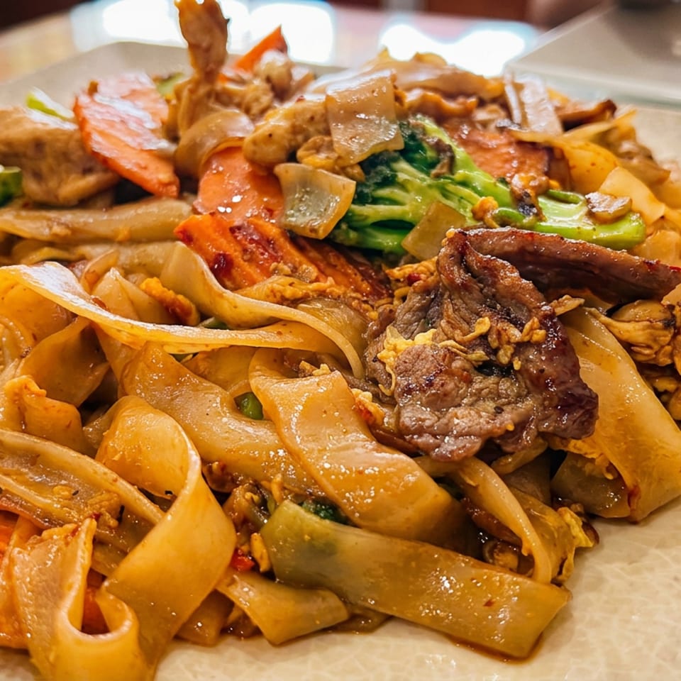 Heaping plate of stir-fried wide noodles with beef, chicken, shrimp, broccoli, carrots, onions, and mushrooms.