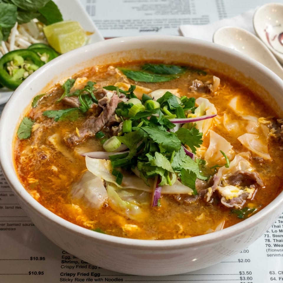 Bowl of spicy noodle soup topped with beef, herbs, scallions, and vegetables, accompanied by fresh greens, lime, and sliced jalapeños.