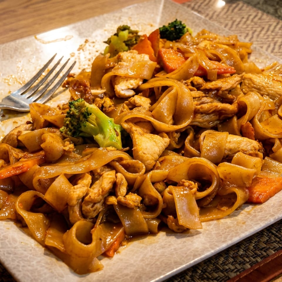 Stir-fried flat noodles with chicken, broccoli, carrots, and peppers on a rectangular plate with a fork.