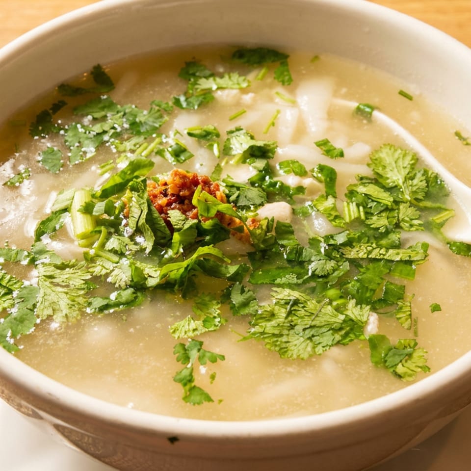 Bowl of clear noodle soup topped with fresh cilantro, scallions, and chili flakes, served with a white spoon.