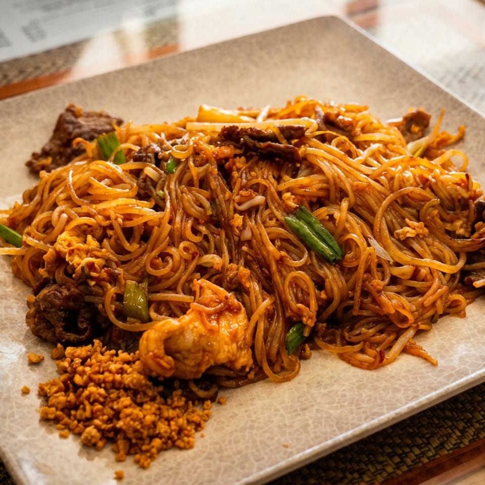 Plate of saucy stir-fried noodles with beef, chicken, scrambled egg, green onions, and crunchy toppings on a restaurant table.
