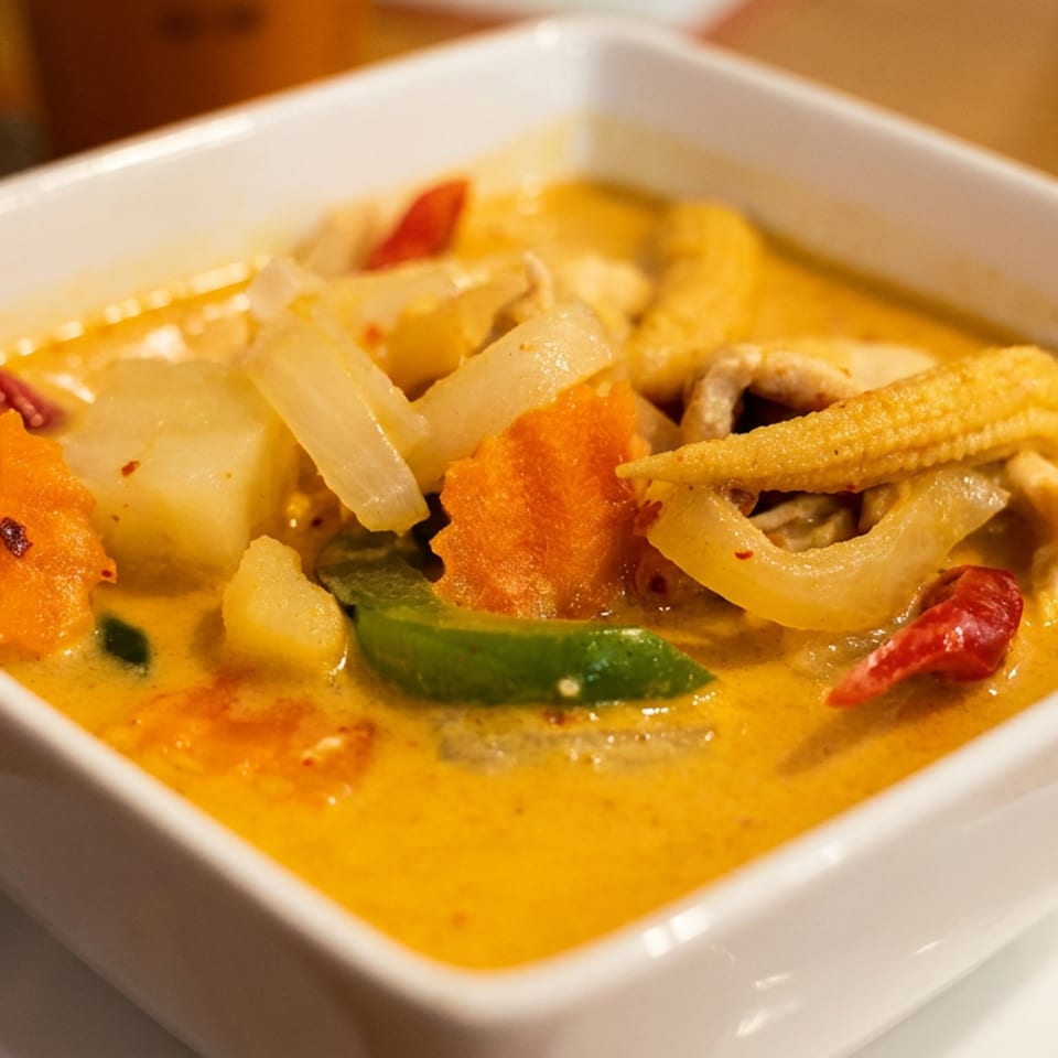 Bowl of creamy yellow curry with mixed vegetables, baby corn, onions, peppers, and red chilies on a restaurant table.