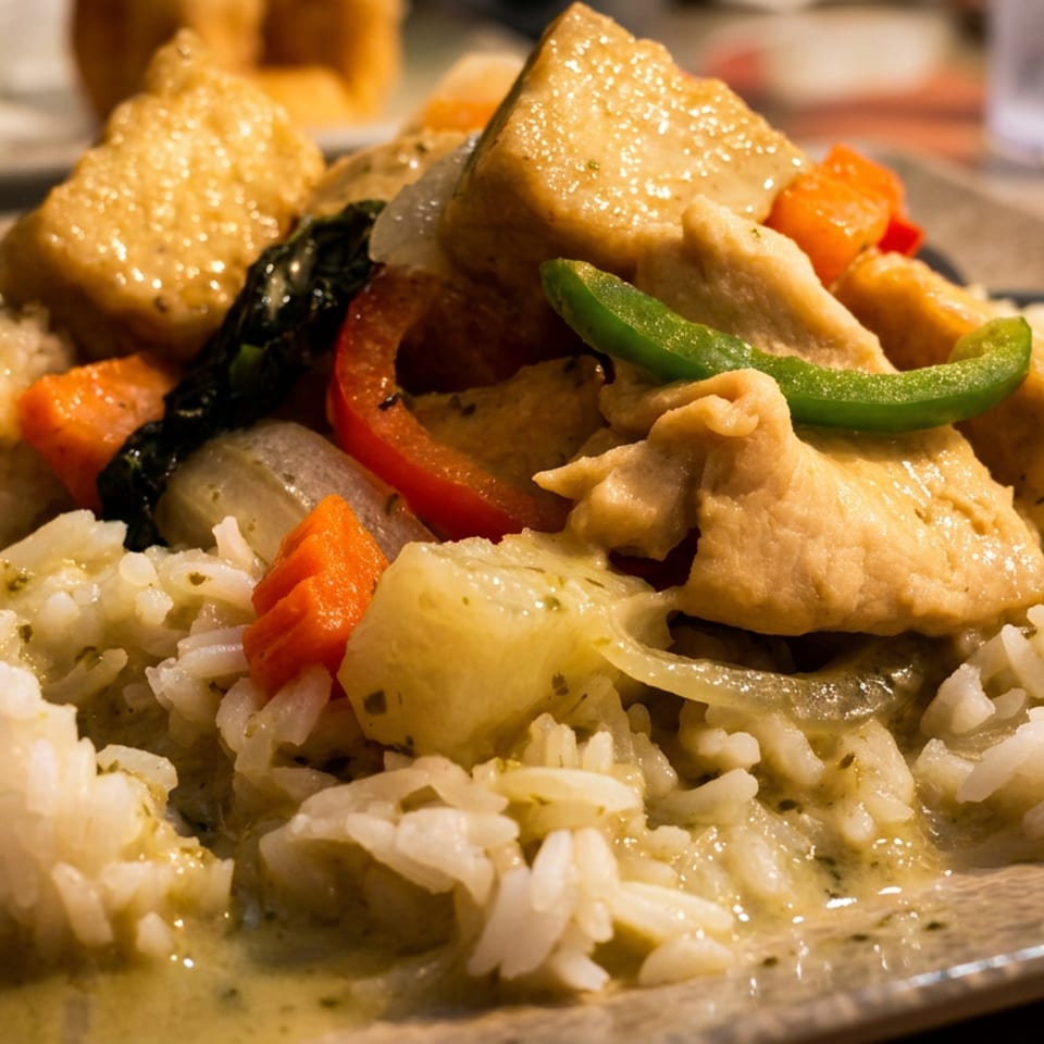 Plate of white rice topped with creamy curry, tofu, carrots, peppers, onions, and assorted vegetables.