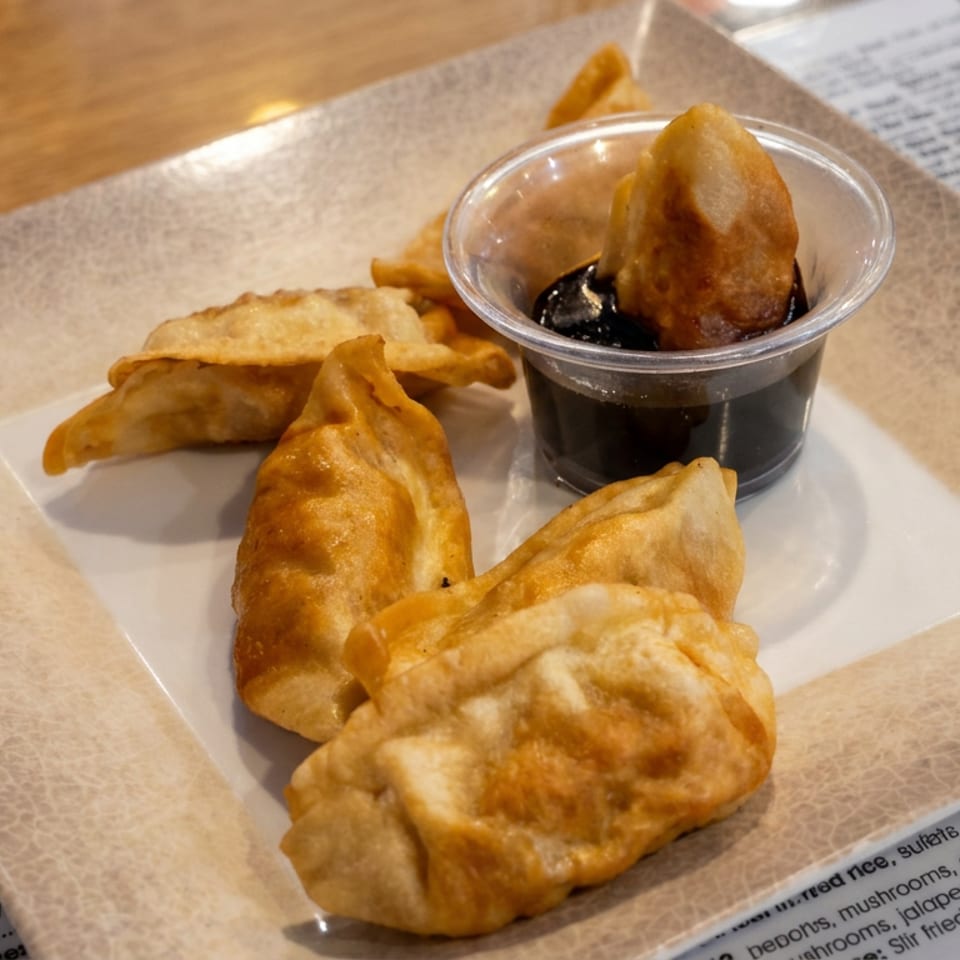 Golden fried dumplings arranged on a square plate with dark dipping sauce, menu, and fork on a restaurant table.