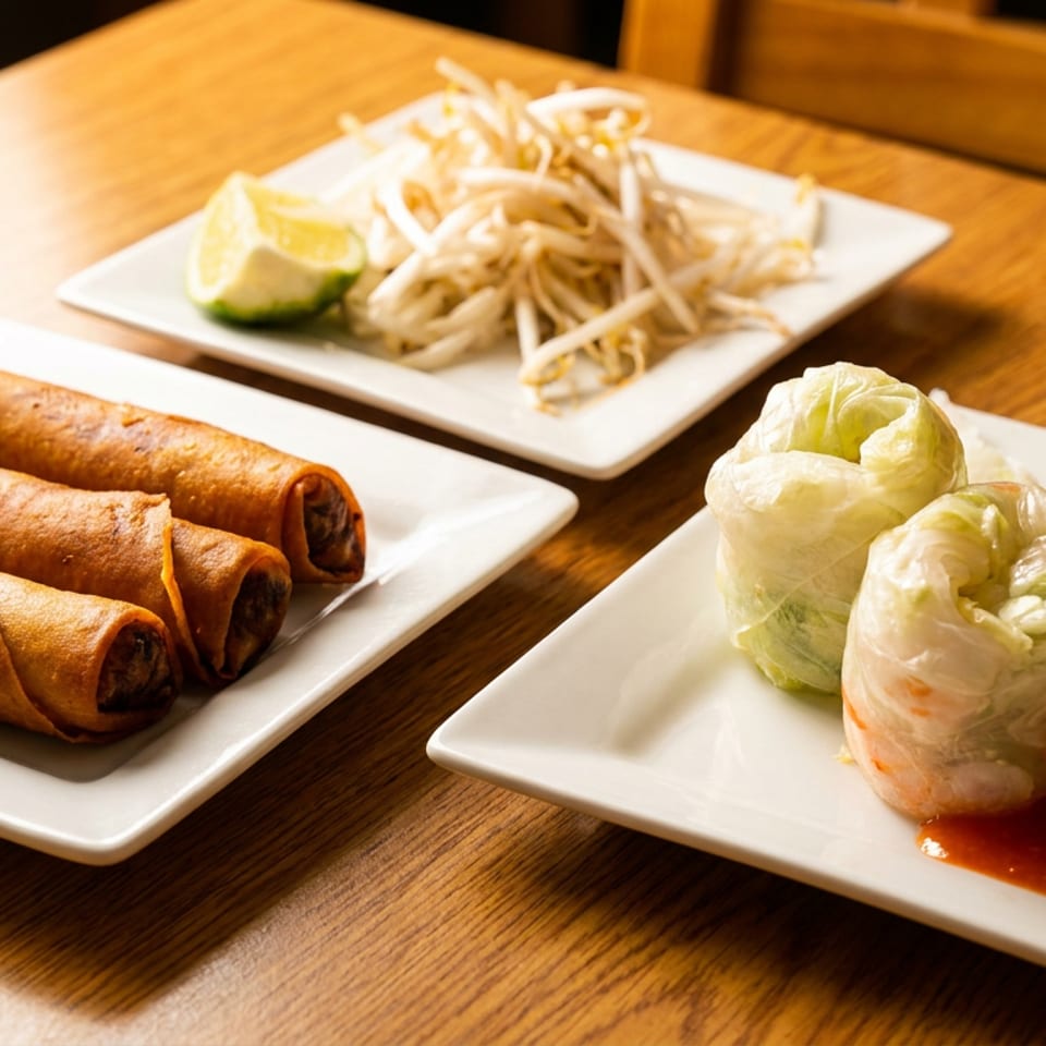 Three plates display crispy spring rolls, fresh vegetable wraps with dipping sauce, and bean sprouts with lime on a wooden table.